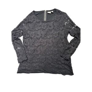 Chicos Y2K Whimsigoth Black Floral Lace Long Sleeve Blouse Gold Zip Size 3 XL 16